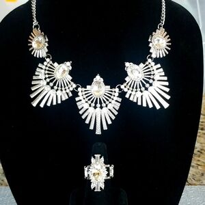 NWT Zi Collection Set of necklace, earrings & stretchable ring with rhinestones